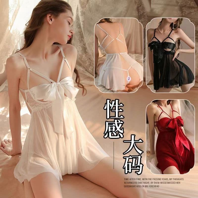 Plus-Size Sexy Nightgown, Ice Silk Deep V Lace Strapless Dress with Underwire, Bowknot Chest Support, Alluring Set for Curvy Women