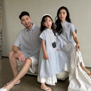 High-End Summer Striped Short-Sleeve Shirt for Couples and Family Matching, Korean-Style Casual Vacation Family Wear