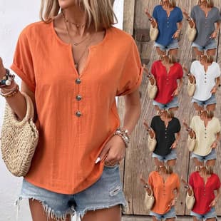 2025 Summer New European and American Independent Station AliExpress Amazon Women's Button V-Neck Short Sleeve T-Shirt Top
