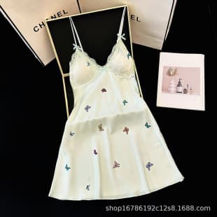 Colorful Hot Stamping Butterfly Ice Silk Camisole Sleep Dress for Women Summer 2026 with Padded Cups, Sexy Thin Pure Desire Pajamas