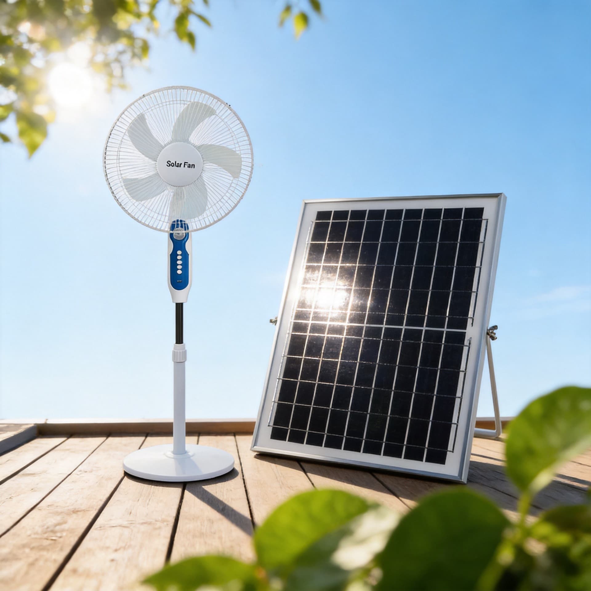 Solar Powered Portable Outdoor Floor Fan Wide Angle Wind Delivery Remote Control Plug in Two Use Large Wind Quiet Mechanical Operation