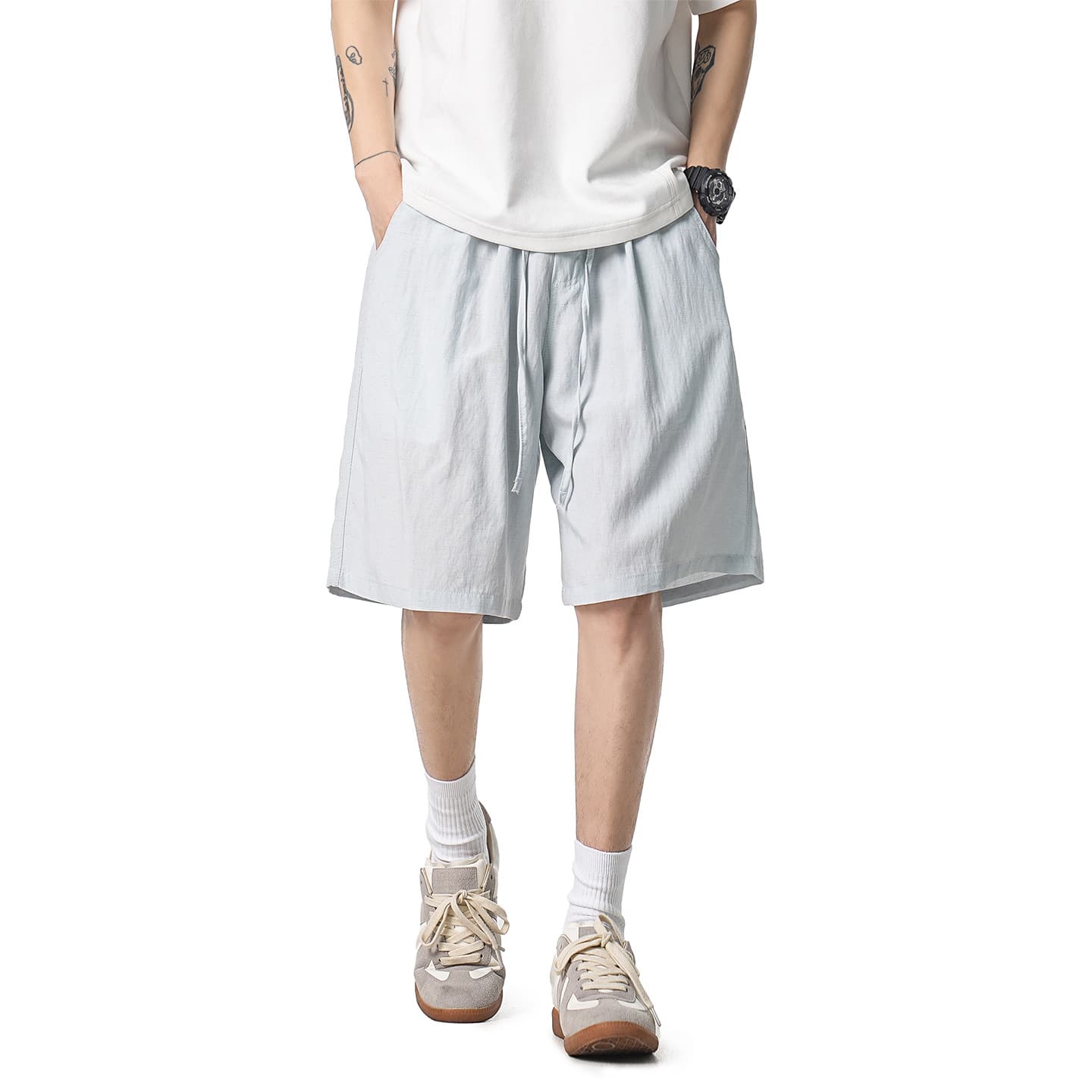 American Retro Cotton-Linen Texture Drawstring Shorts Loose Pleated Design Niche Street Style Casual Bermuda Shorts