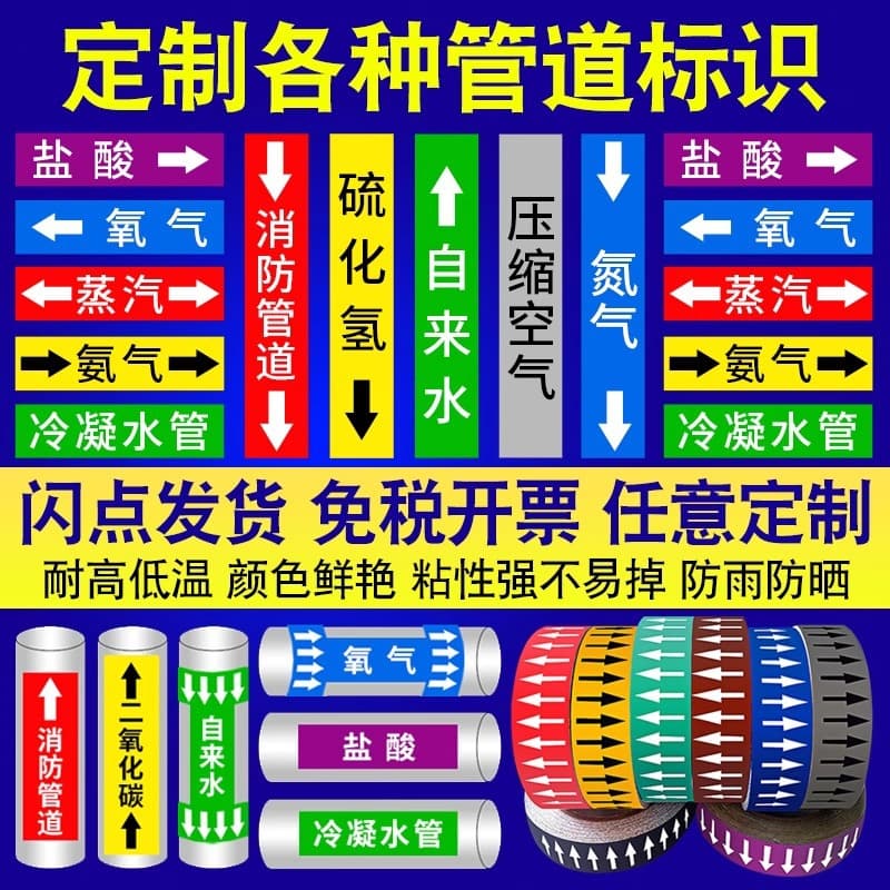 Industrial pipeline labeling stickers, national standard flow direction arrows, reflective film color rings, waterproof self-adhesive