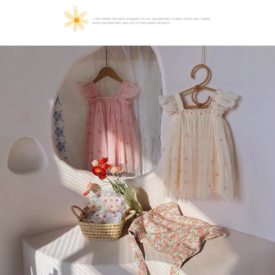 New Children's Mesh Dress Cherry Princess Dress Girls Flying Sleeve Suspender Dress Baby Puff Dress