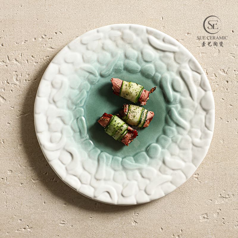 Cross-border creative art pattern ceramic plate emerald green artistic conception dish restaurant plate afternoon tea flat plate cake plate