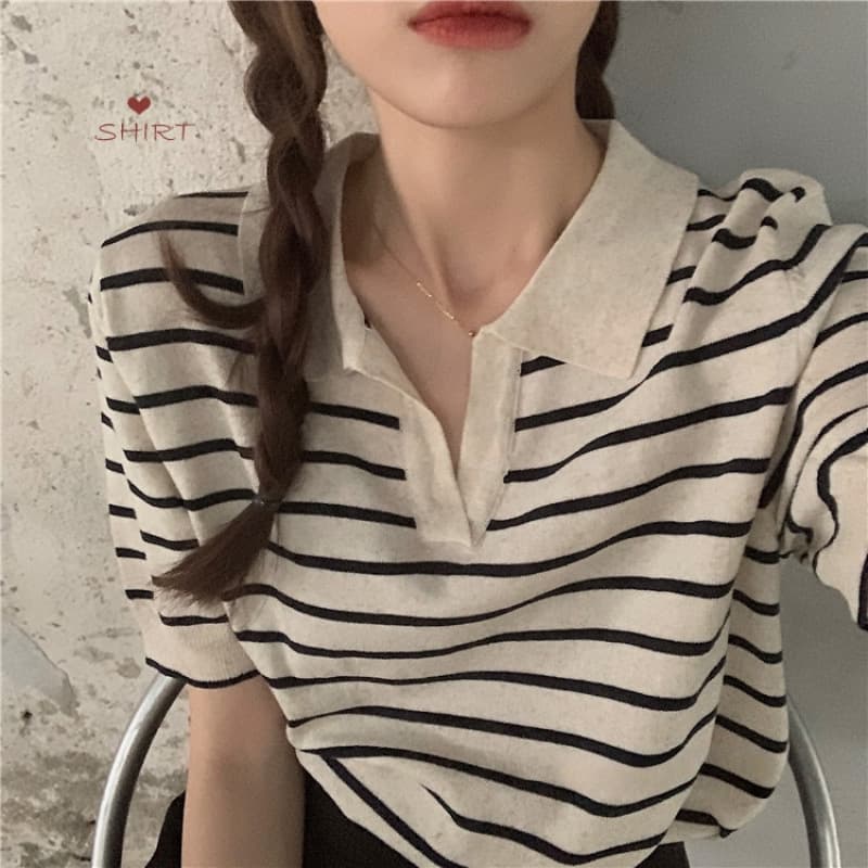 Polo Collar Short-Sleeve Knit Top for Women 2026 Summer Lightweight Striped Loose Fit Turn-Down Collar T-Shirt
