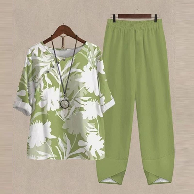 2025 New Foreign Trade Cross-Border Women's Casual Round Neck Short Sleeve Top Digital Print Women's Two-Piece Set with Drawstring