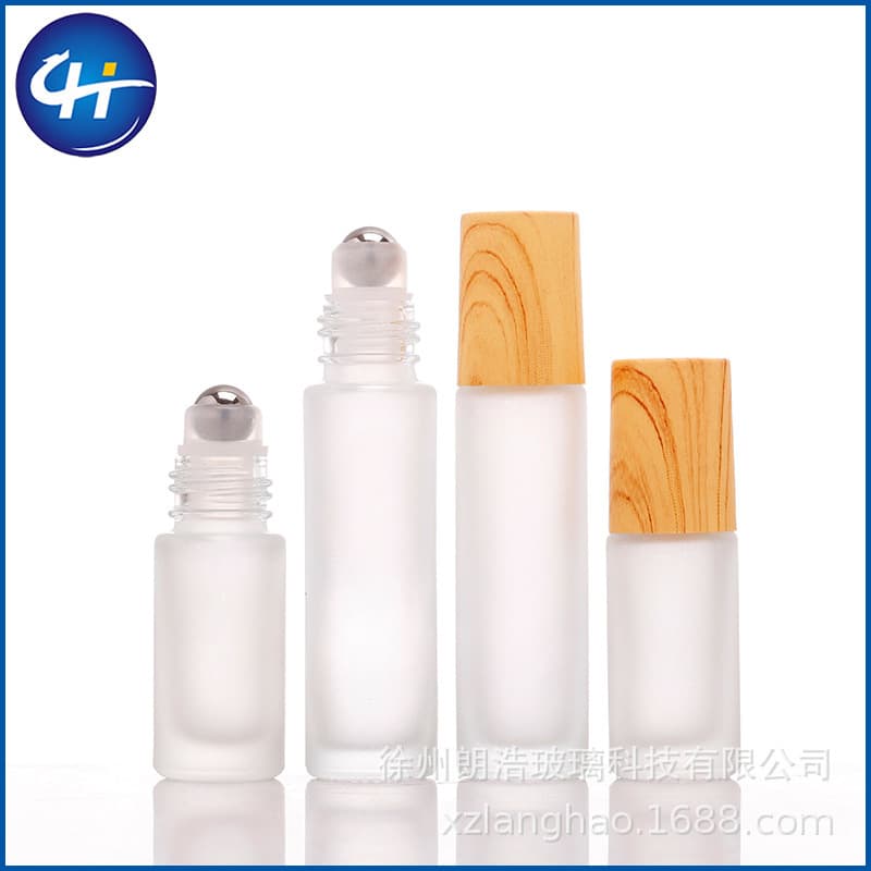 Cross-border 5ml 10ml Wood Grain Cap Roller Ball Bottle Essential Oil Perfume Roller Ball Frosted Glass Roller Ball Refill Bottle Set