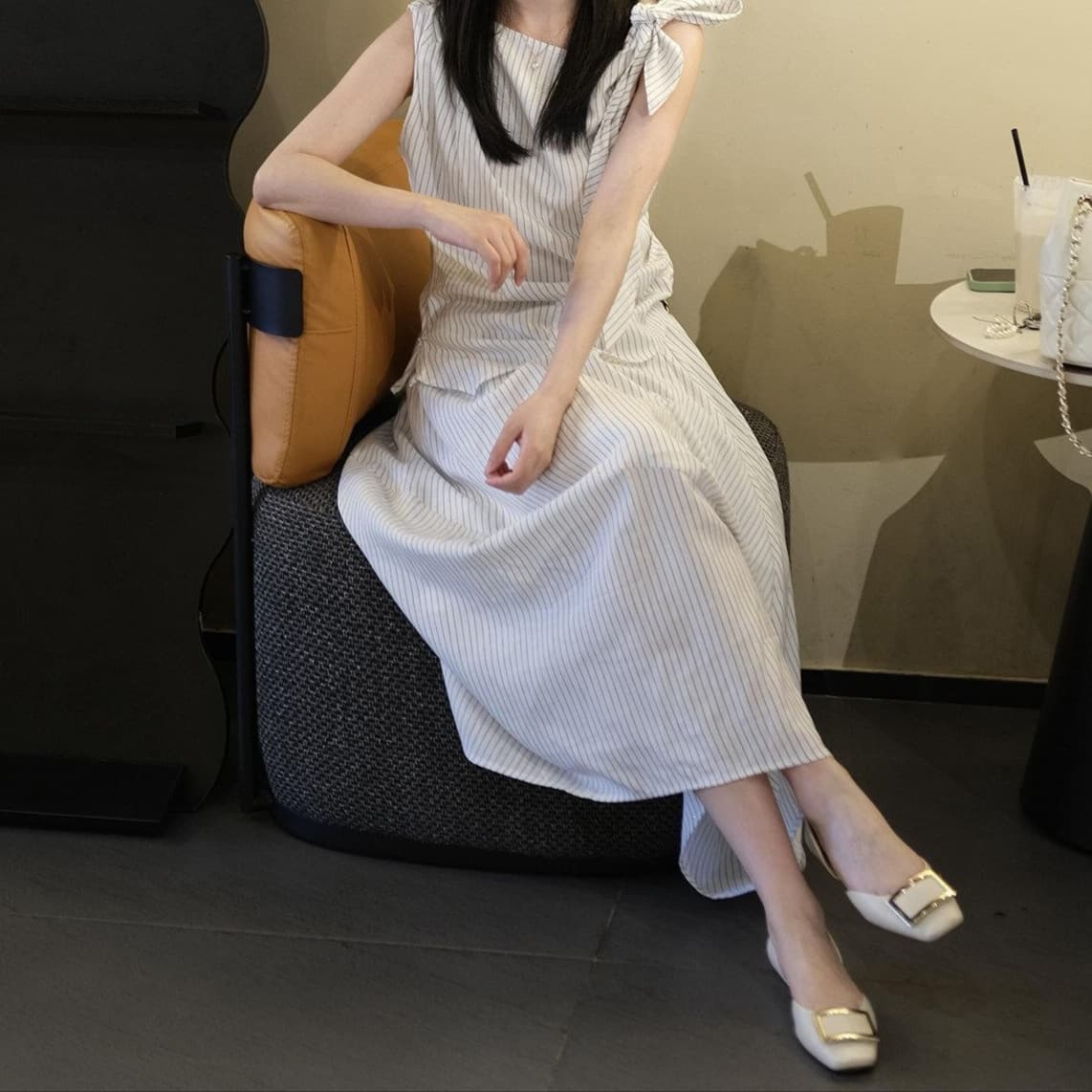 Korean Fresh Striped Skirt Set Women Summer One-Shoulder Tie Bow Sleeveless Top Skirt Two-Piece Set