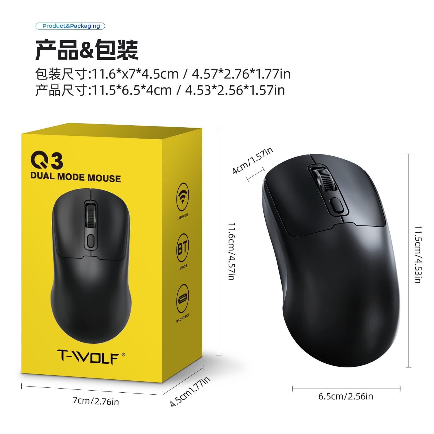 T-WOLF Thunder Wolf Q3 Bluetooth Wireless Mouse Dual Mode Rechargeable 2.4G Laptop Office Mouse Silent