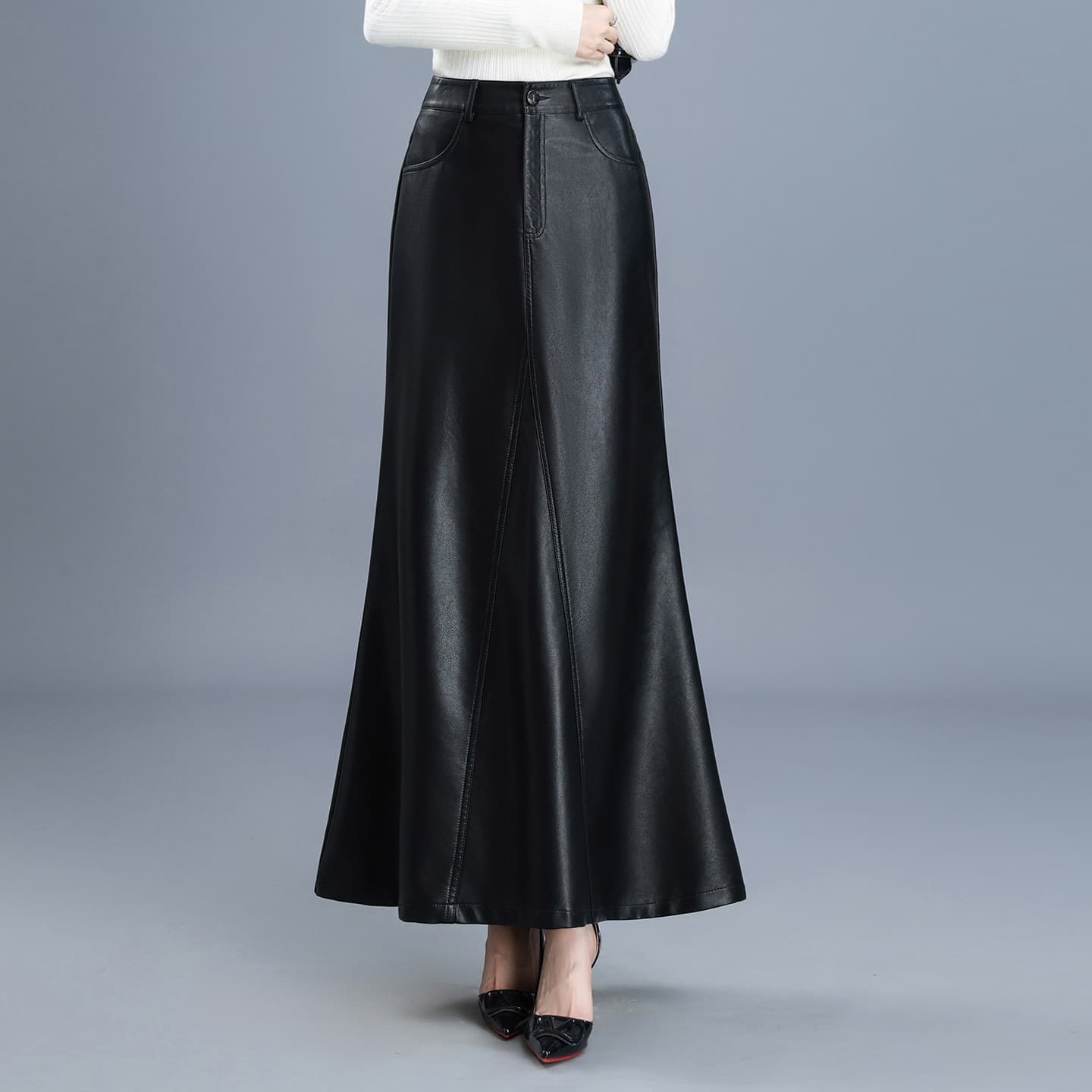 Elegant High-Waist Skirt for Women 2026 Fall/Winter New Arrival Mid-Length Slim Fit Bodycon PU Leather Long Skirt