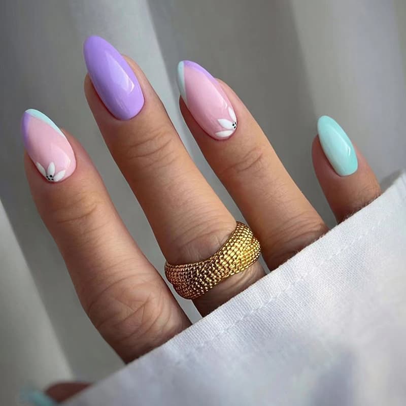 Purple, Pink, and Blue Three-Color Versatile Fashion Simple Elegant White-Enhancing Floral Accent Almond Nails 24 Pieces Removable