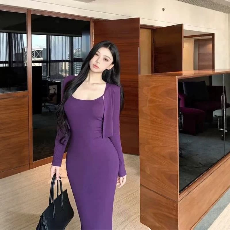 [2-Piece Set] French Elegance Cardigan Top & Camisole Dress for Women, Chic Waist-Slimming Bodycon Mermaid Long Dress