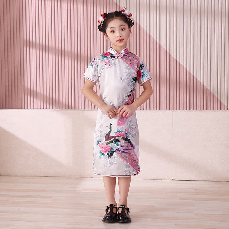 New Style Children's Peacock Cheongsam Summer Girls' Tang Suit Hanfu Chinese-style Long Fashionable Chinese Retro Dress