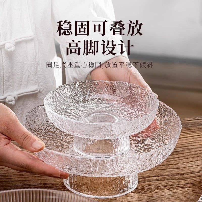 Glass Fruit Bowl Salad Bowl Ins Style High Appearance Transparent Large Dried Fruit Bowl Round Snack Bowl Stone Pattern Fruit Bowl