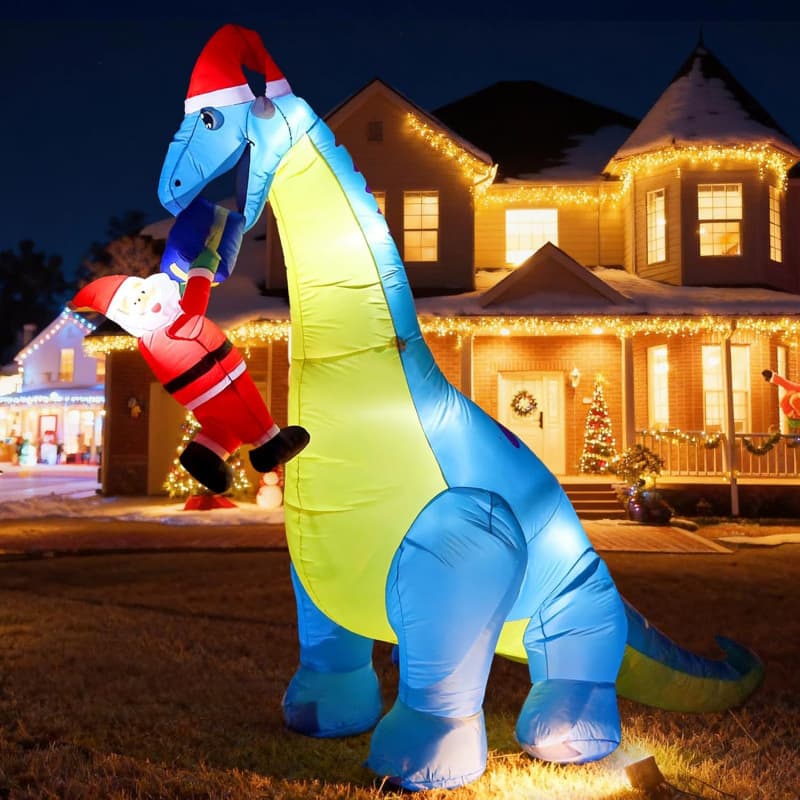 Giant Christmas Inflatable Dinosaur with Santa Claus Outdoor Decoration with Bright Lights Inflatable Yard Model