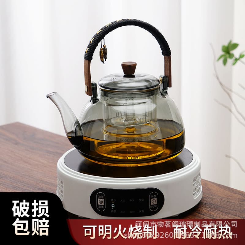 High Borosilicate Glass Teapot, Heat-Resistant with Tea-Water Separation, Bamboo-Wood Handle, Large Capacity for Flower Tea, Electric Hob Heating