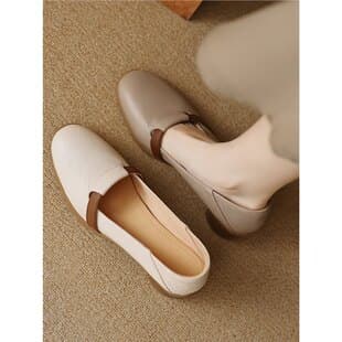 5cm French Retro Chunky Heel Shallow Mouth Flats for Women, Soft Leather Soft Sole Round Toe High Heel Loafers Leather Shoes Size 40