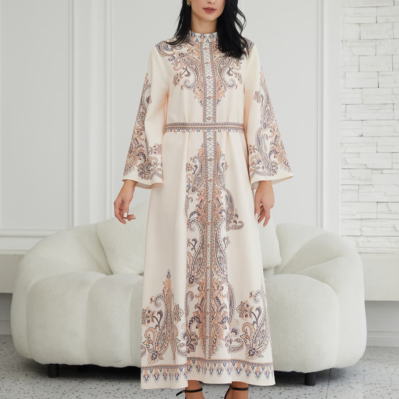 SW2101 Cross-border new style palace style stand collar printed long retro dress