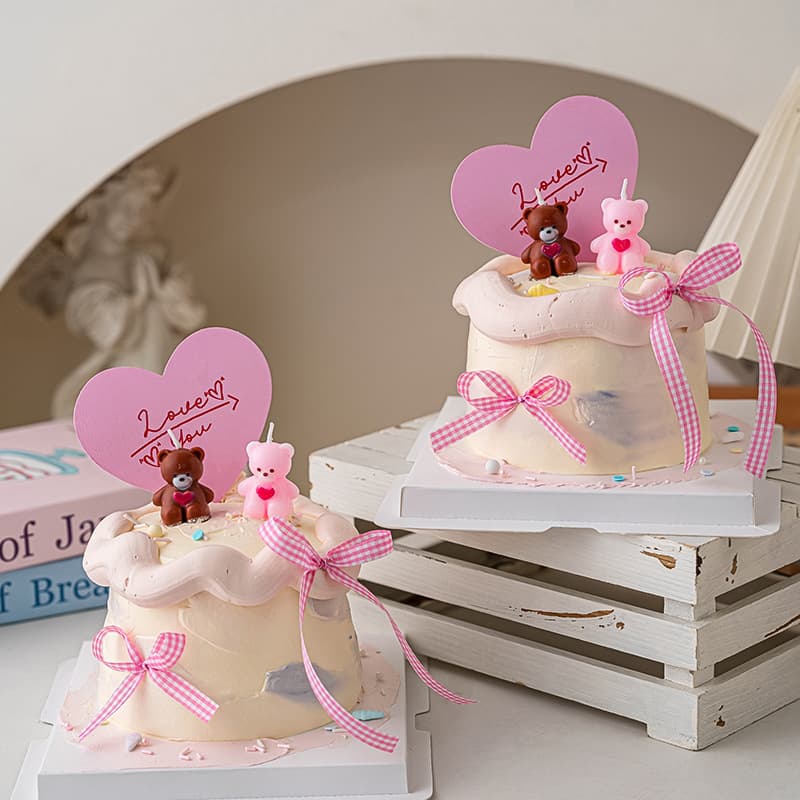 Happy Valentine's Day Cake Decoration Heart Card Insert Cartoon Couple Confession Bear Candle Ornament