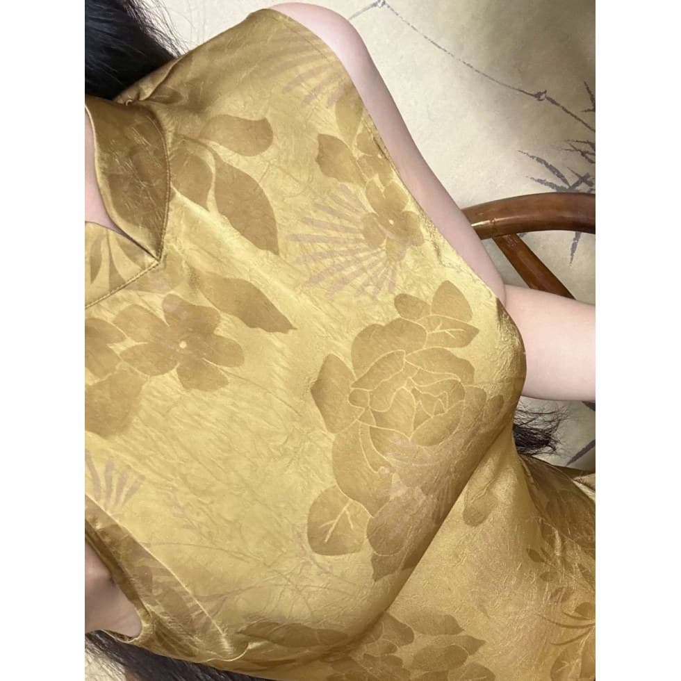 Original Custom New Chinese Style Premium Gold Foil Satin Gold Modified Slim Fit Qipao Hong Kong Craft Dress Qiaose Gold