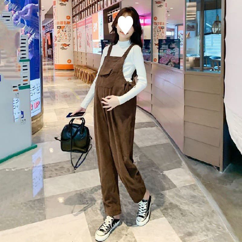 New fashionable maternity outfit set for spring and autumn, featuring overalls, plus size, loose fit, casual style, long pants, and a top.