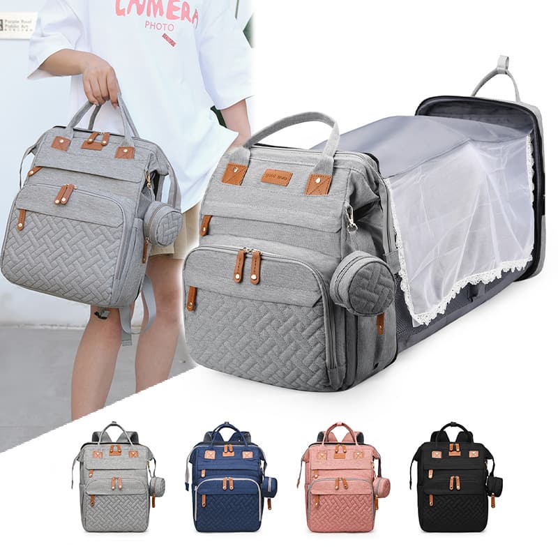Mummy bag with mosquito net, foldable crib bag, portable large capacity mother and baby backpack, bottle insulated clip bag
