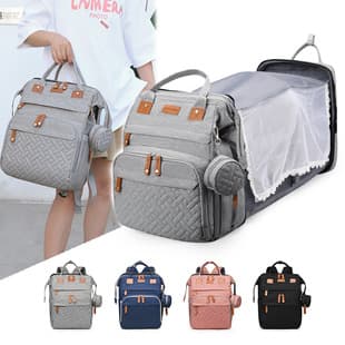 Diaper Bag with Mosquito Net, Foldable Baby Crib Bag, Portable Large Capacity Mom and Baby Backpack, Bottle Insulated Pocket Bag