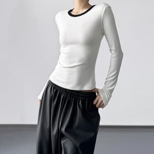 White Contrast Color Crew Neck Long Sleeve Top for Women, 2025 Fall Winter New Slim Soft Base Layer, Korean Style Top