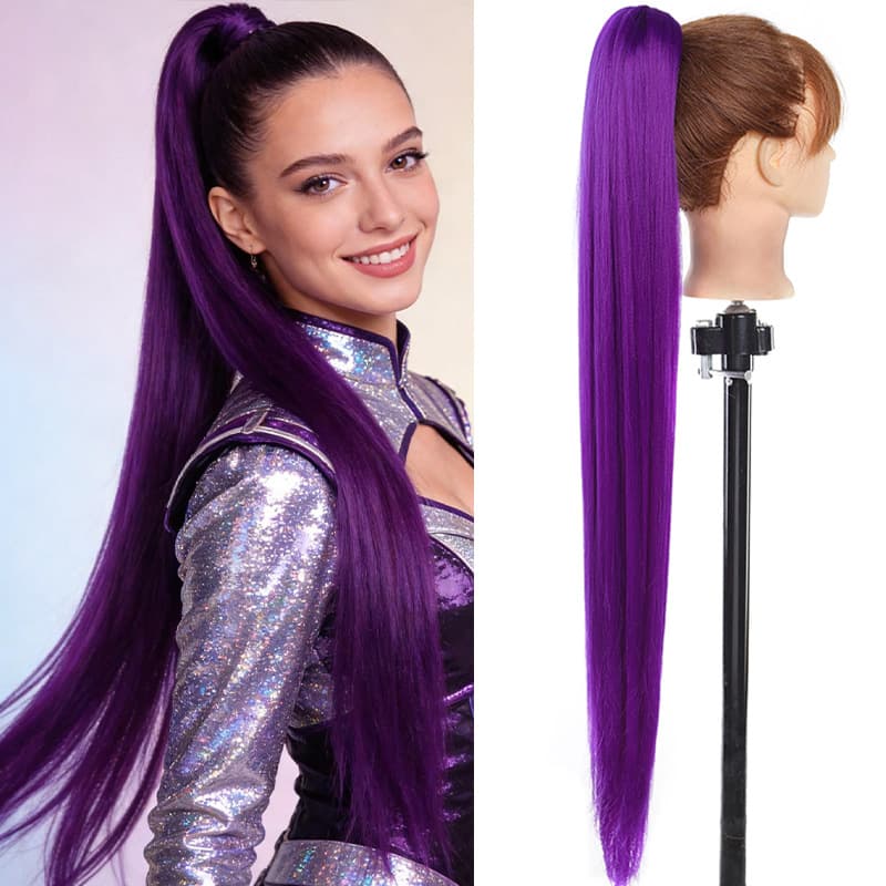 Cross-Border Wig for Women, High Ponytail, Clip-On Style, Long Straight Hair, High-Tied Realistic Braids, Rumi Witch Braids, Ponytail Wig