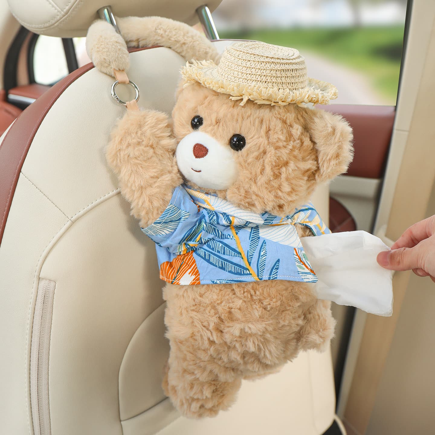 Car Tissue Box Hanging Tissue Holder for Car, Creative Cute Bear Tissue Bag with Storage Pocket