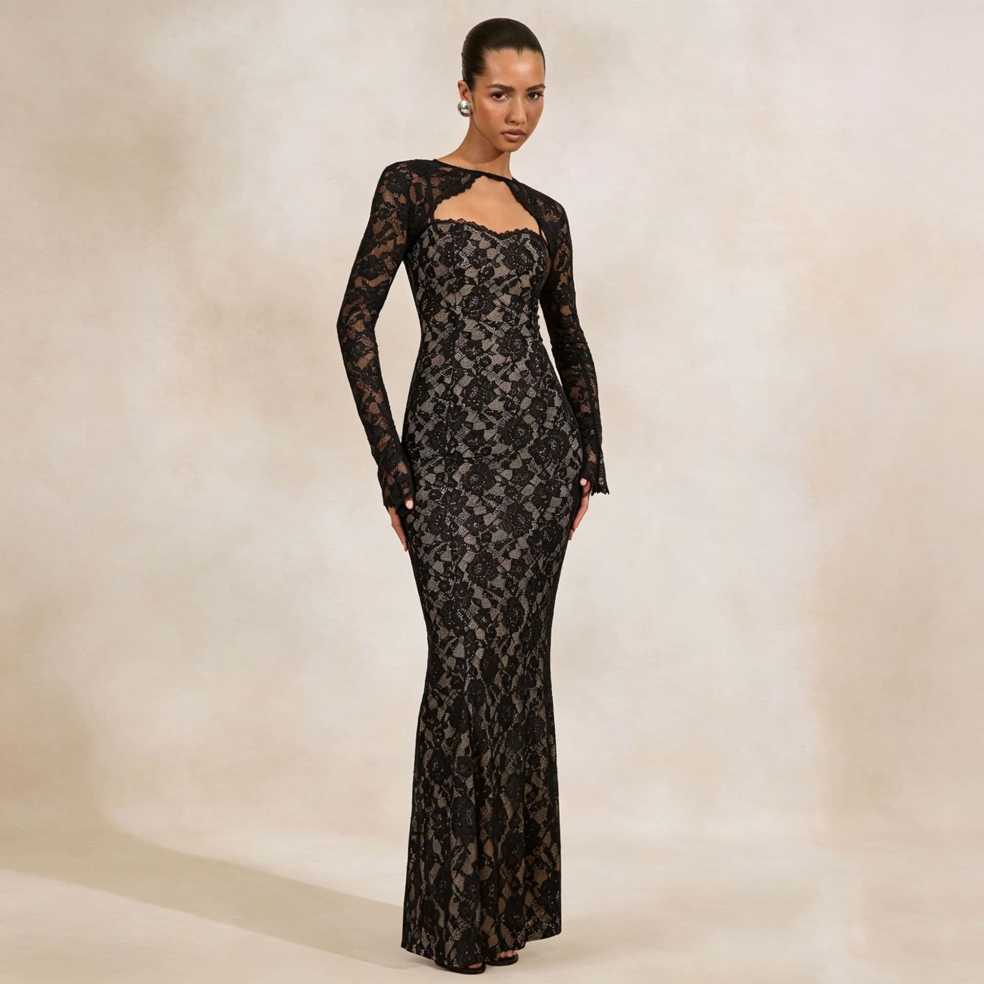 Women's Fall New Sexy Cape Long Sleeve Lace Bodycon Dress Two-Piece Set European and American Style Strappy Dress