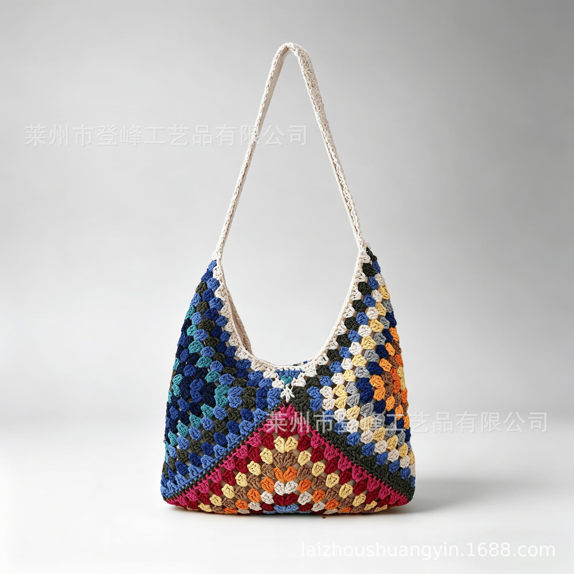 Bohemian Shoulder Bag Hand Crocheted Cotton Granny Square Straw Bag Vacation Beach Bag