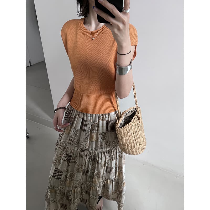 MMC DITION Short-Sleeve Knit Top for Women, New Summer Thin Slimming Backless Cropped Ice Silk Blouse