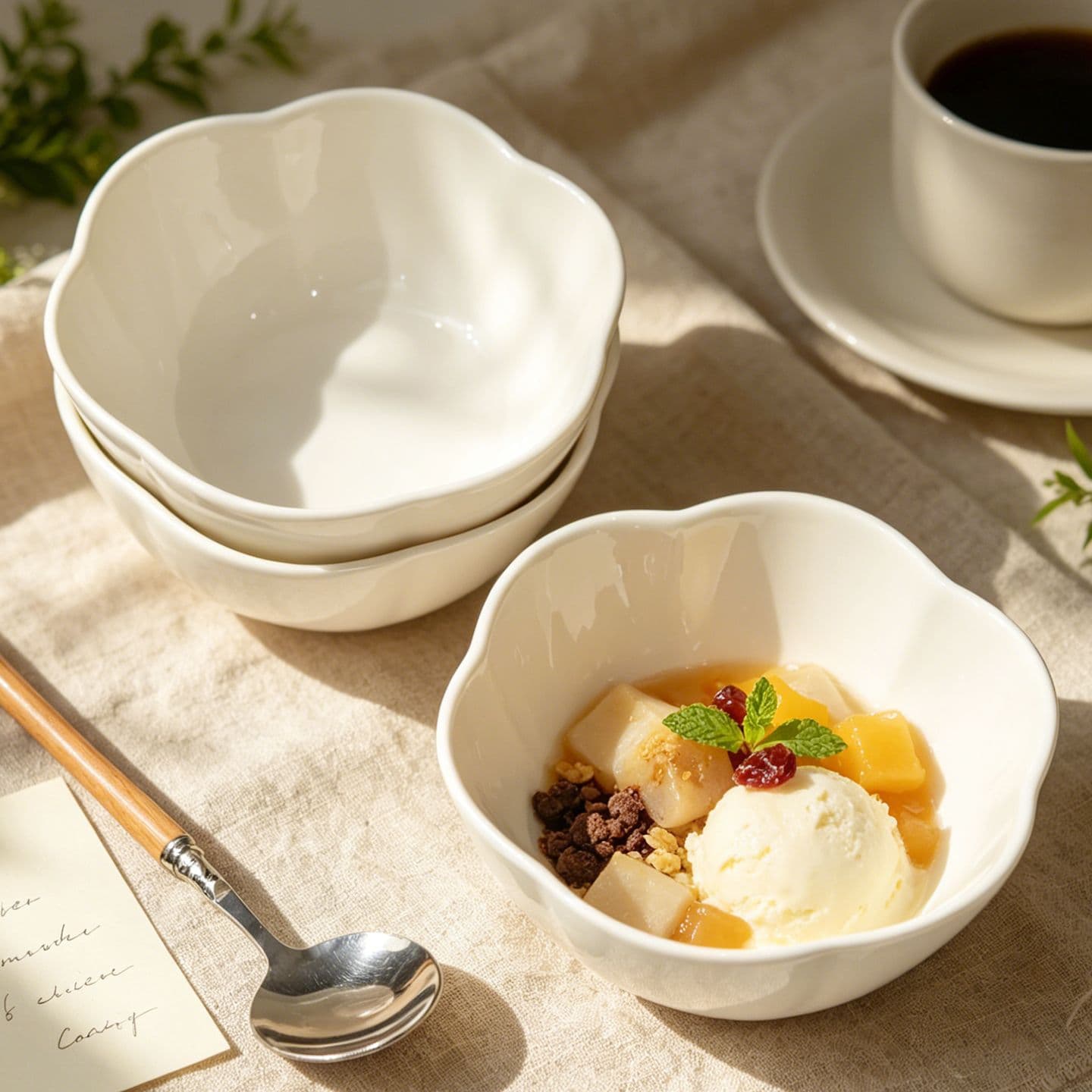 Mai Kee's same type of sugar water bowl, pure white petal ceramic bowl, high-looking dessert bowl, salad oatmeal bowl, smoothie bowl wholesale