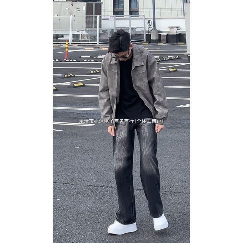American-style black-gray leather jacket, unlined, short, rugged motorcycle baseball jacket for summer, matching men's outfit set