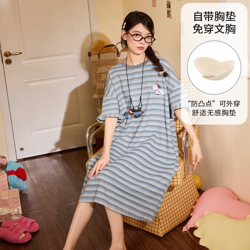Summer Plus Size Sleep Dress with Padded Bra for Women, Cotton-Like Striped Short Sleeve Long Dress, Loose Fit for Home or Outdoor Wear