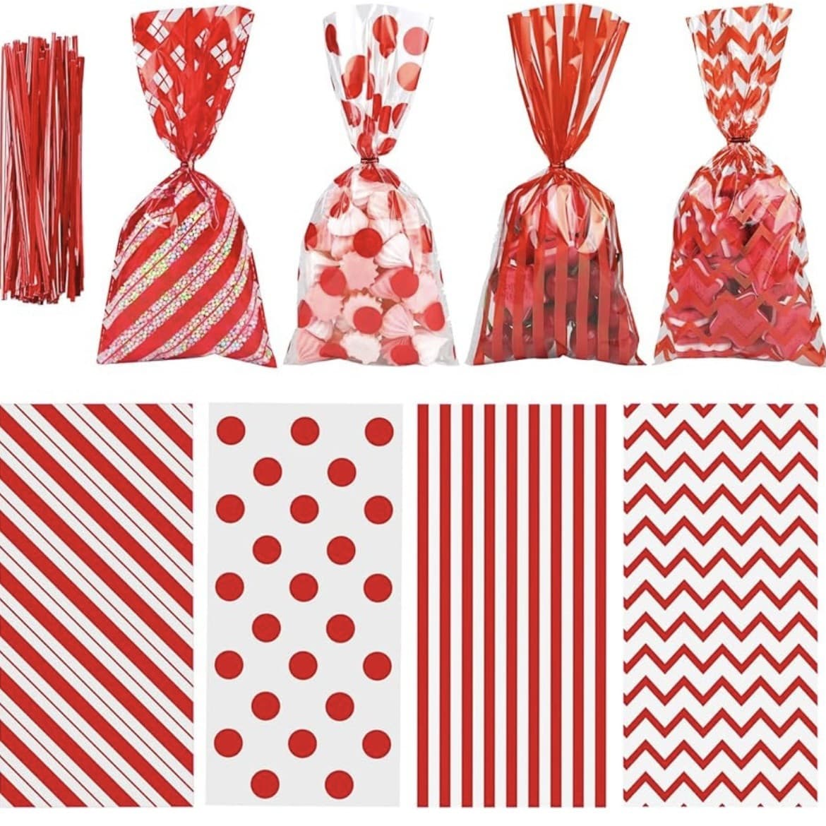 Amazon OPP Flat Mouth Packaging Bag, Striped Polka Dot Party Gift Packaging Bag, Cellophane Tie-Top Candy Bag