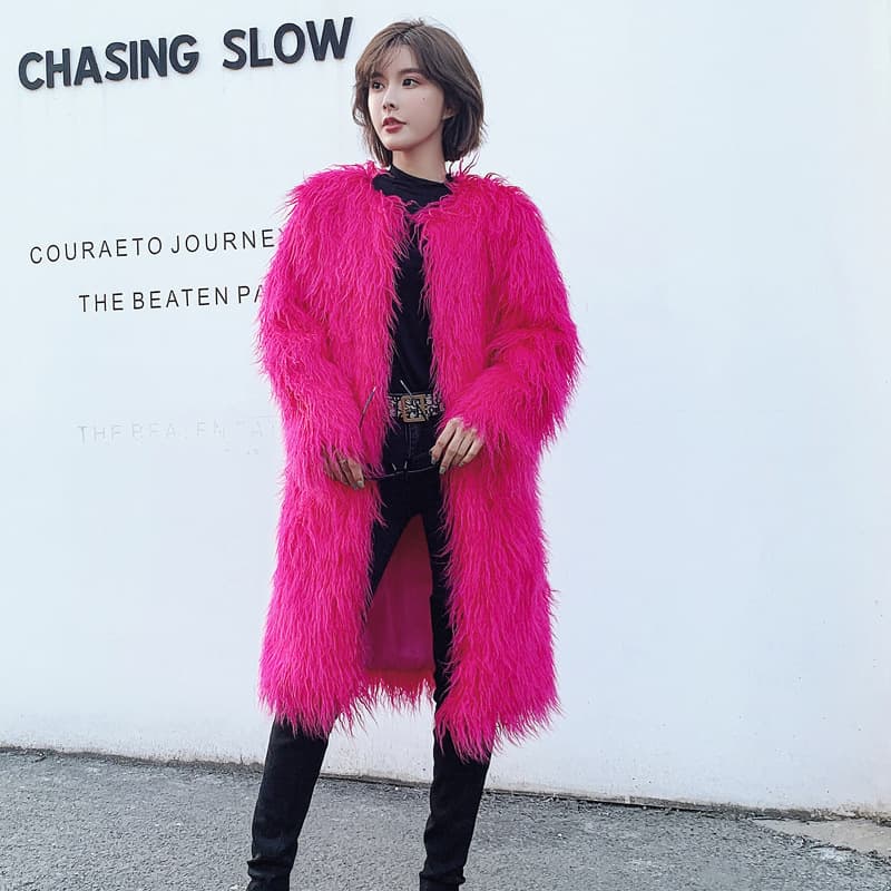 Cross-border Trade European and American Faux Fur Plush Wool Long Coat Personality Overcoat