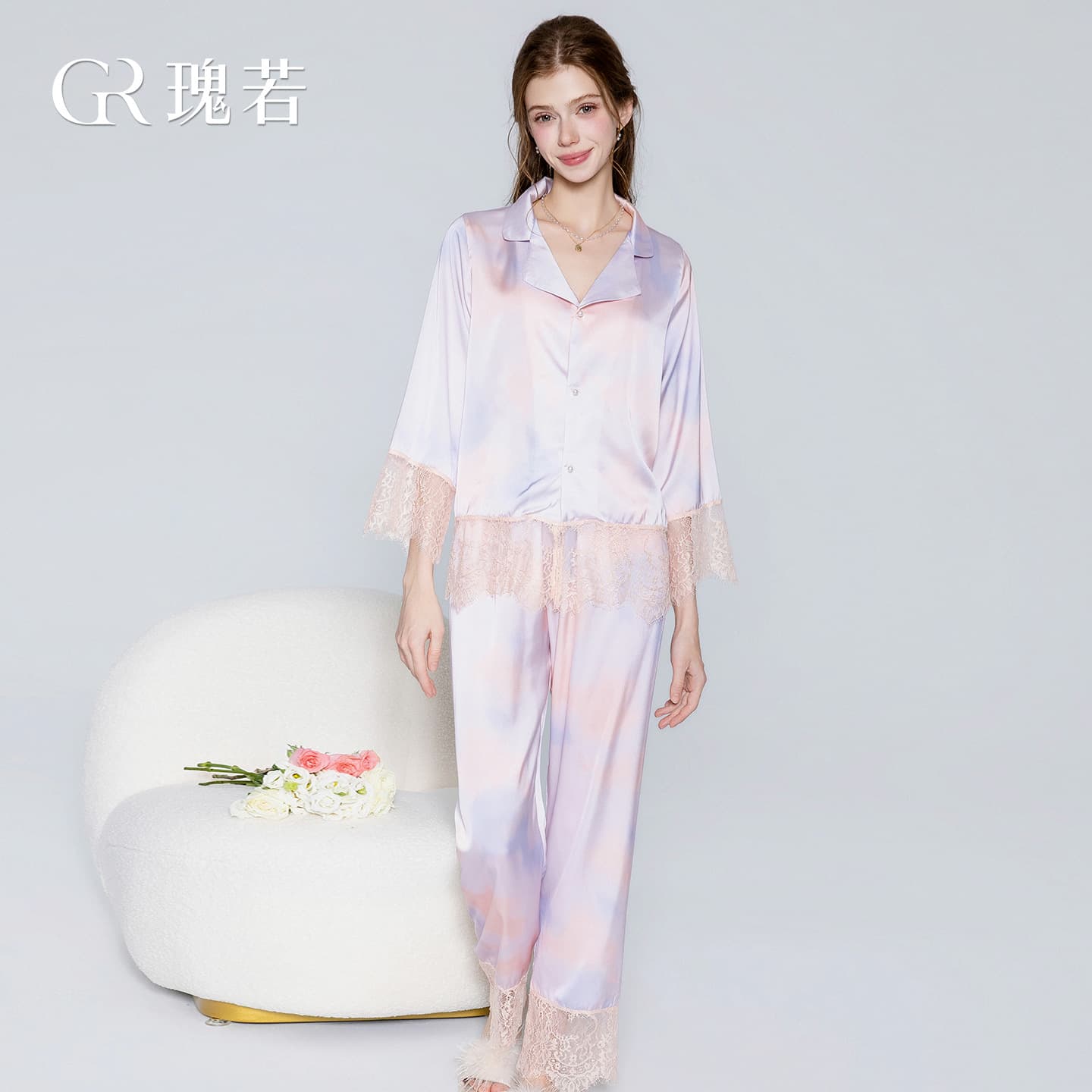 Gorgeous Tie-Dye Satin Printed Lace Notch Collar Top and Pants New Chinese Style Women's Pajama Set 3831
