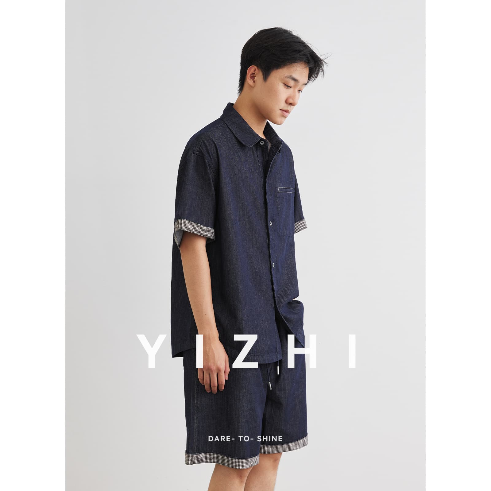 Yizhi men's denim suit short-sleeved shirt men's new summer casual shirt denim shorts two-piece suit