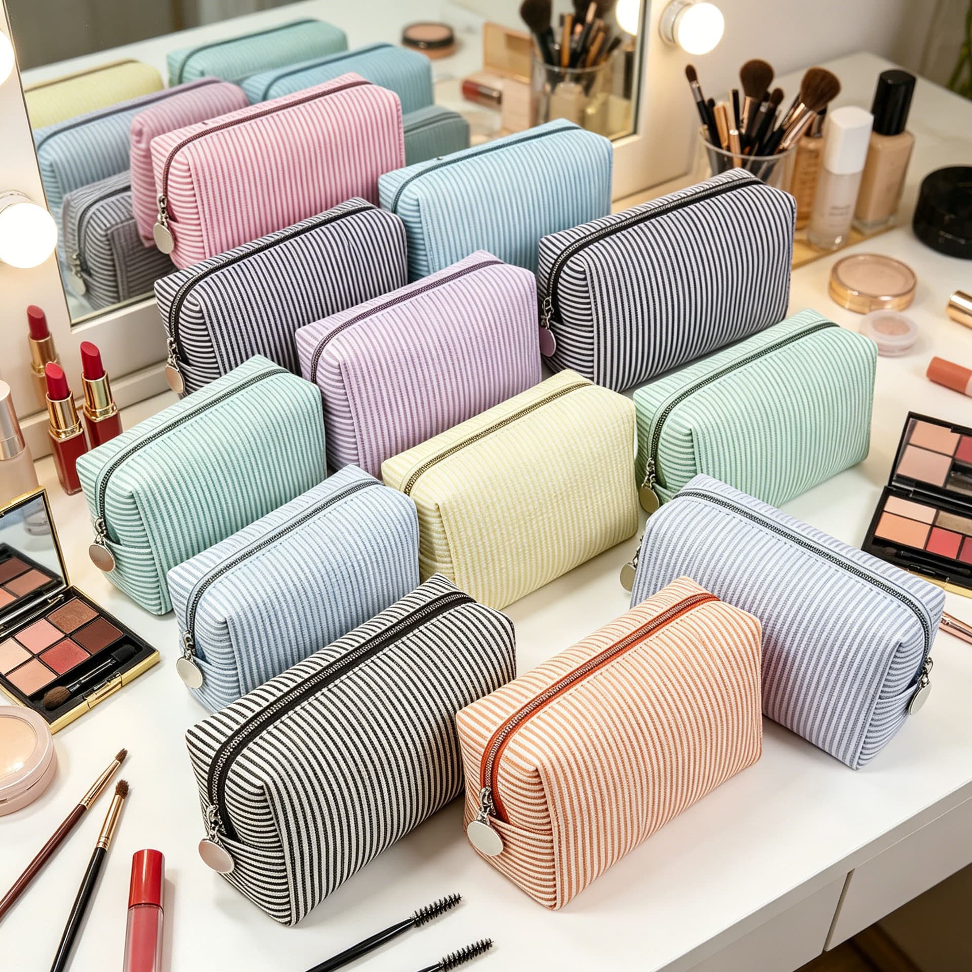Cross-border Hot Selling Seersucker Makeup Bag Indian Handheld Large Capacity Toiletry Bag Embroidered Striped Travel Storage Bag