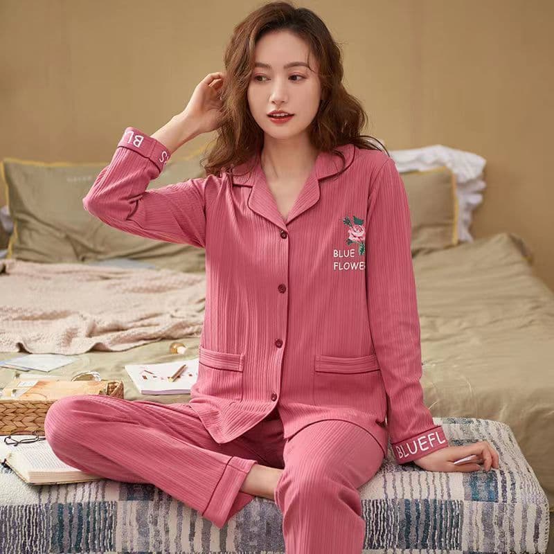 100% Cotton Pajamas for Women Spring Autumn Long Sleeve Long Pants Set Ladies Mom Cardigan Loose Plus Size Homewear