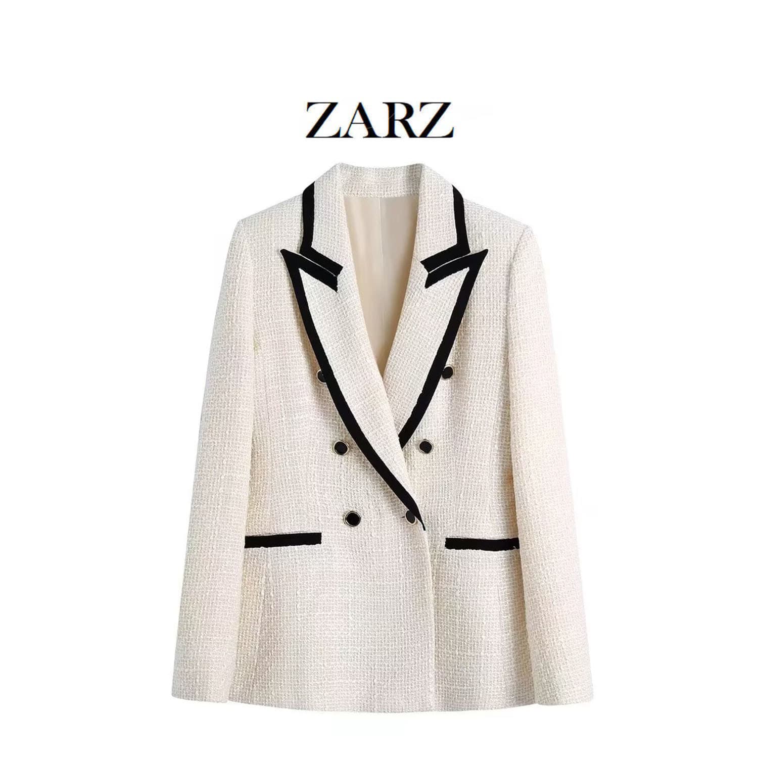 ZARZ Handmade Fashionable White Color Block Rough Weave Jacket with Trimmed Design Versatile Stylish European Style Women's Coat