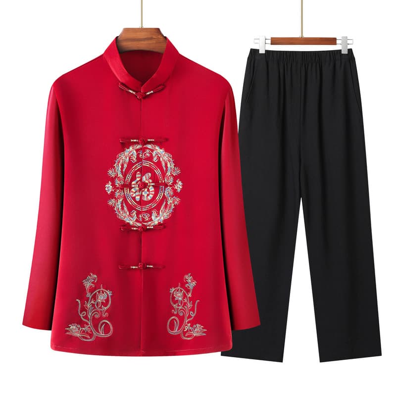 Summer wear middle-aged and elderly couple Tang style men and women long sleeve birthday celebration Chinese style formal attire, elderly ethnic style thin set
