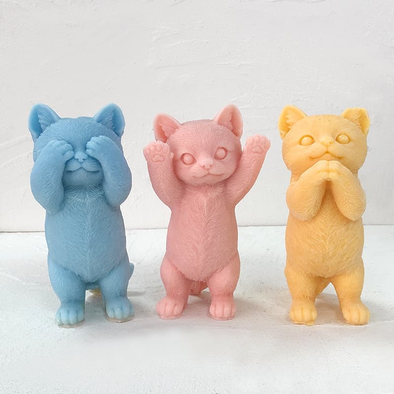 Silicone Candle Mold Cat Statue Hand Up 3D Animal Drip Wax Gypsum Ornament Standing Cat Incense Candle Mold Baking Cake Mold
