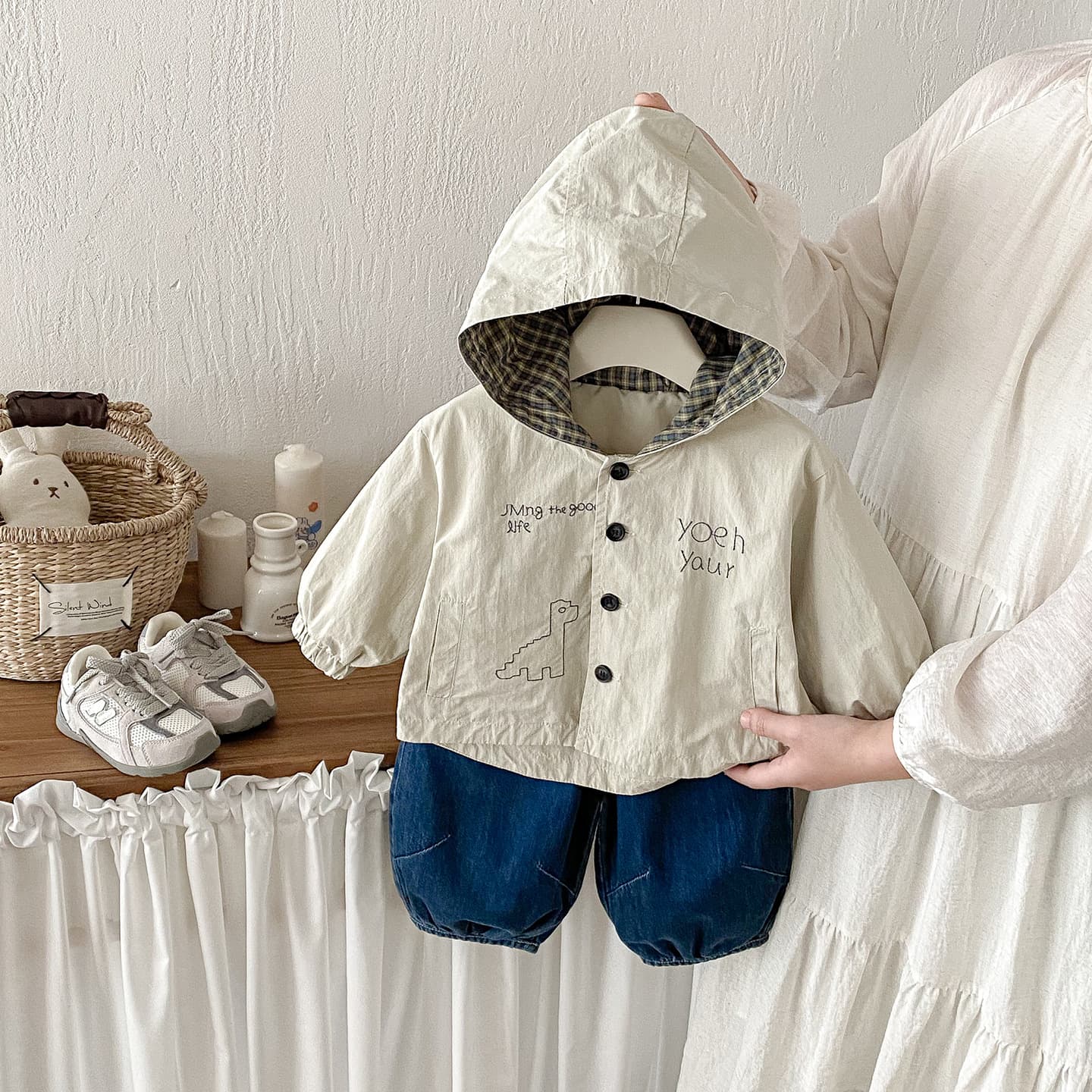 Dianxi Spring New Infant and Toddler Contrast Color Hooded Jacket Set Boy Cardigan Jeans Korean Style Two-piece Set