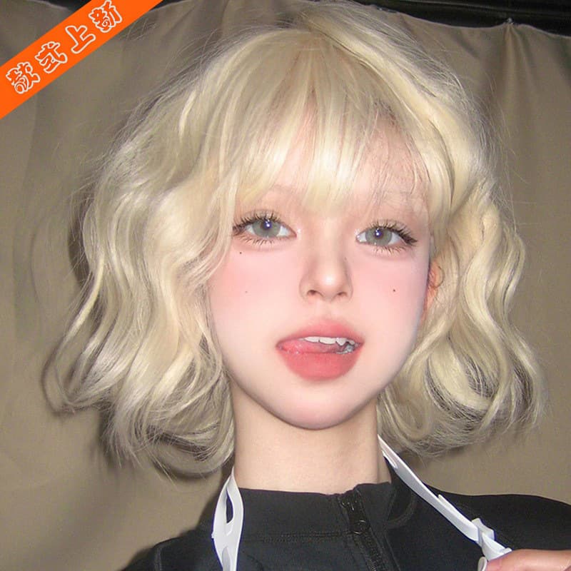 Short Blonde Wig for Women Natural Fluffy Realistic Lolita Wool Curls Simulation Wig with Straight Bangs