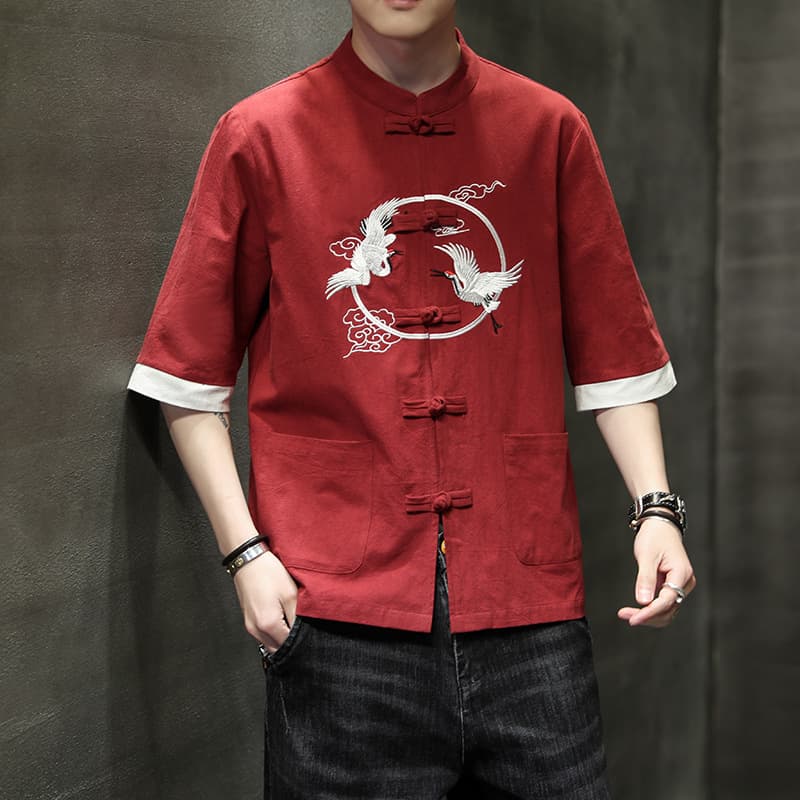 Hanfu Men's Summer Chinese Style T-shirt Retro Trend Brand Ancient Embroidery Youth Thin Zhongshan Suit Short Sleeve Tang Suit