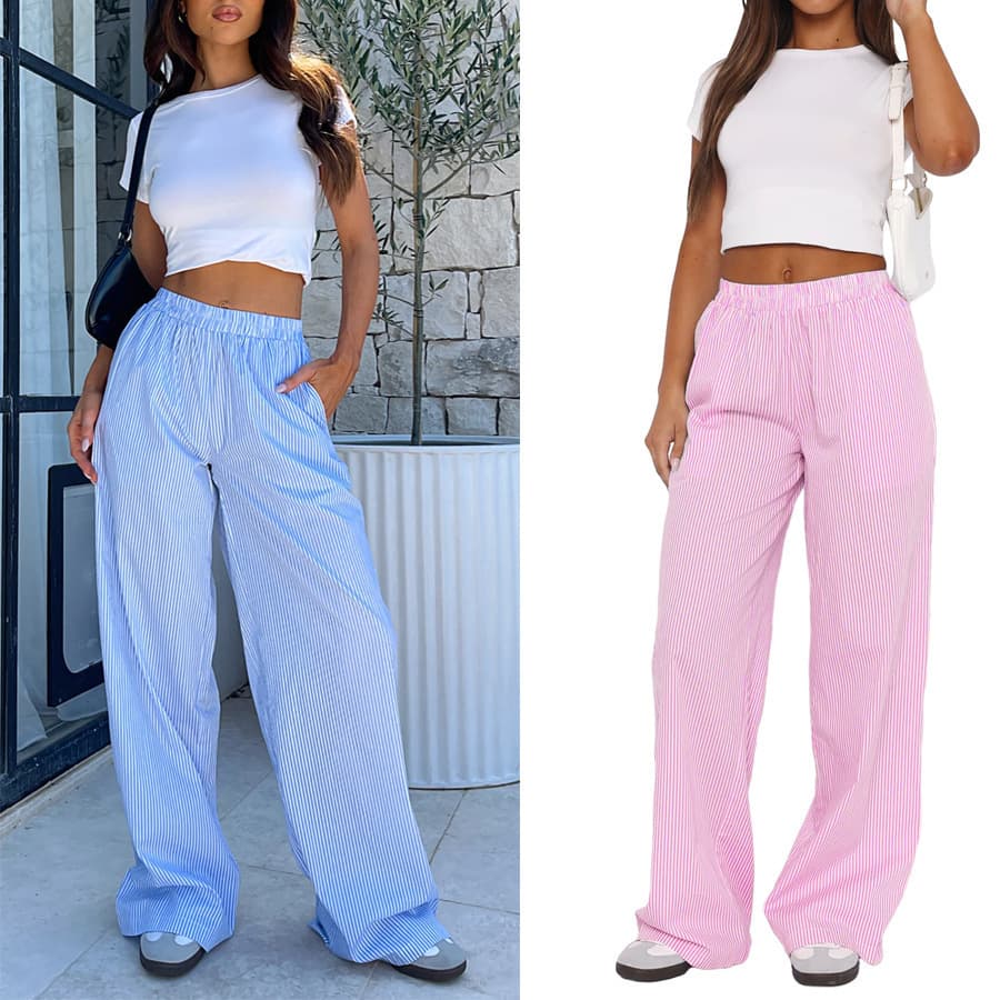 2025 New Amazon Women's Striped Wide-Leg Pants Casual Street INS Fashion Loose High-Waist Long Pants